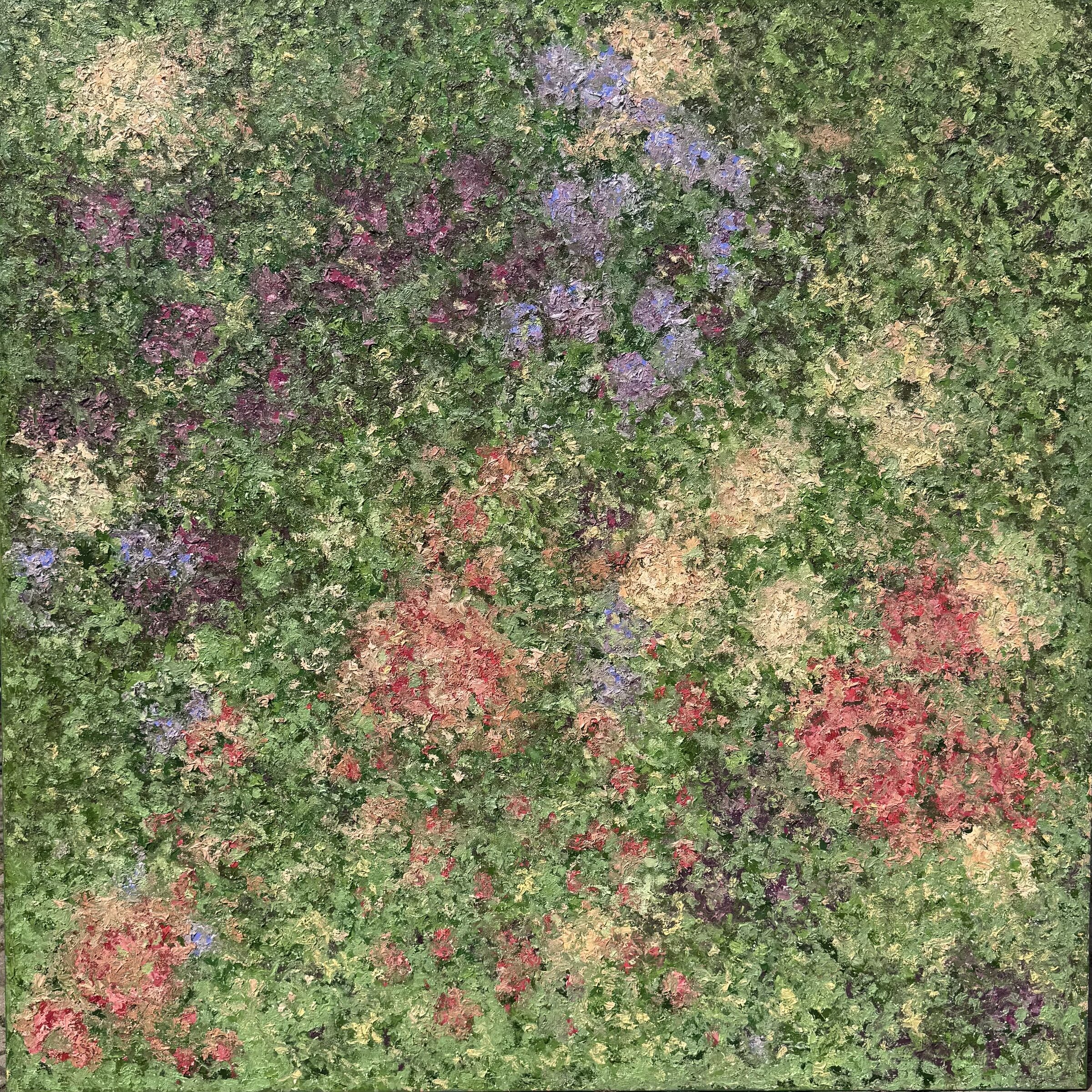 Glimpse of a Garden, oil on canvas, textured oil painting by Brazilian artist Loris Assis