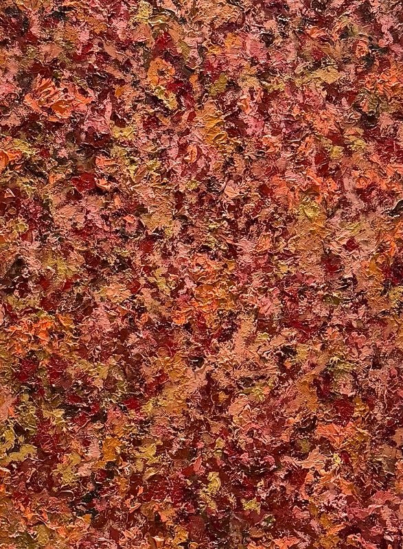 Palette knife marks across a wet field of oil